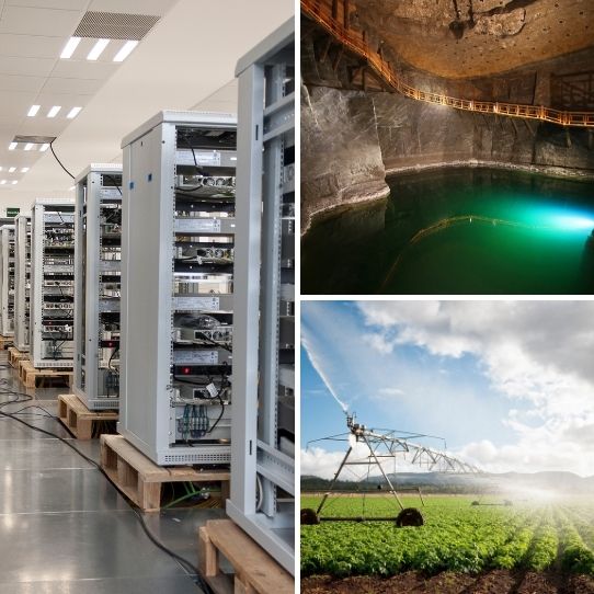 Salle de serveurs, réservoir d'eau souterrain éclairé et système d'irrigation pivot dans un champ.
