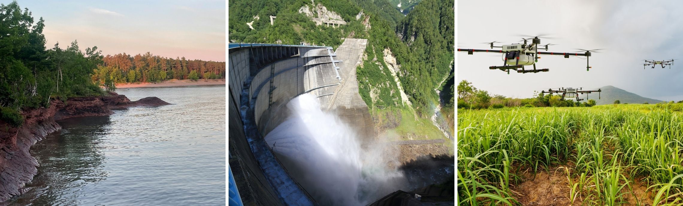 Rive érodée, barrage évacuant de l'eau et drones agricoles au-dessus d'un champ, symboles de la sécurité de l'eau.